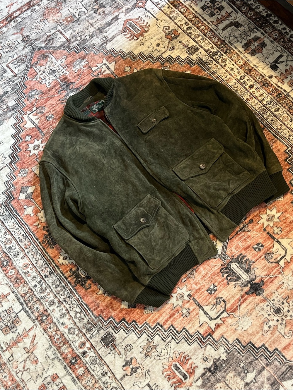 Vintage 90x Polo Country Ralph Lauren Mens Suede Leather Bomber Jacket Green